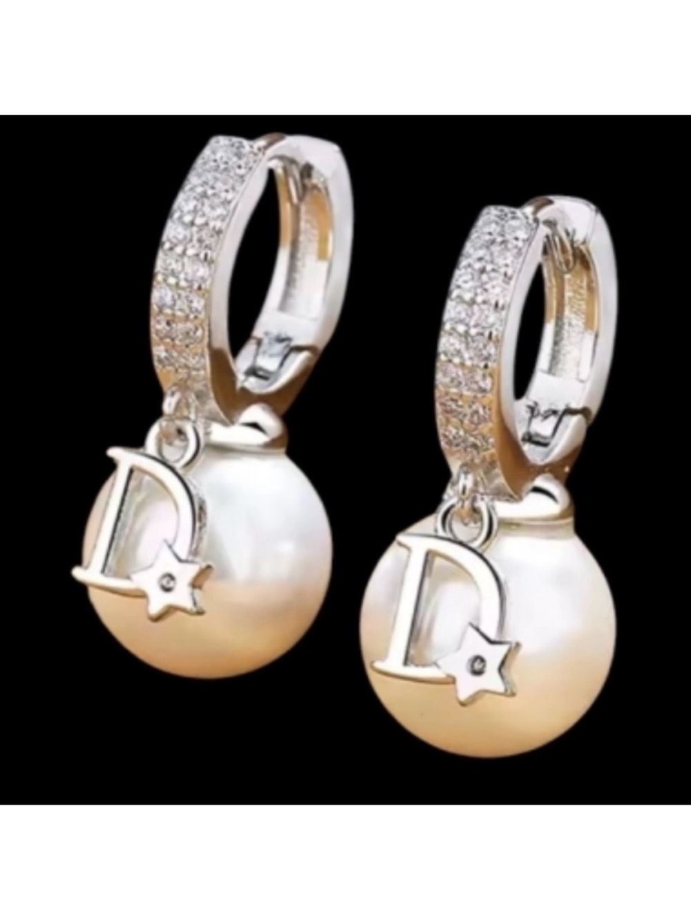 Silver Pearl D Charm Drop Earrings - White Pearlescent
